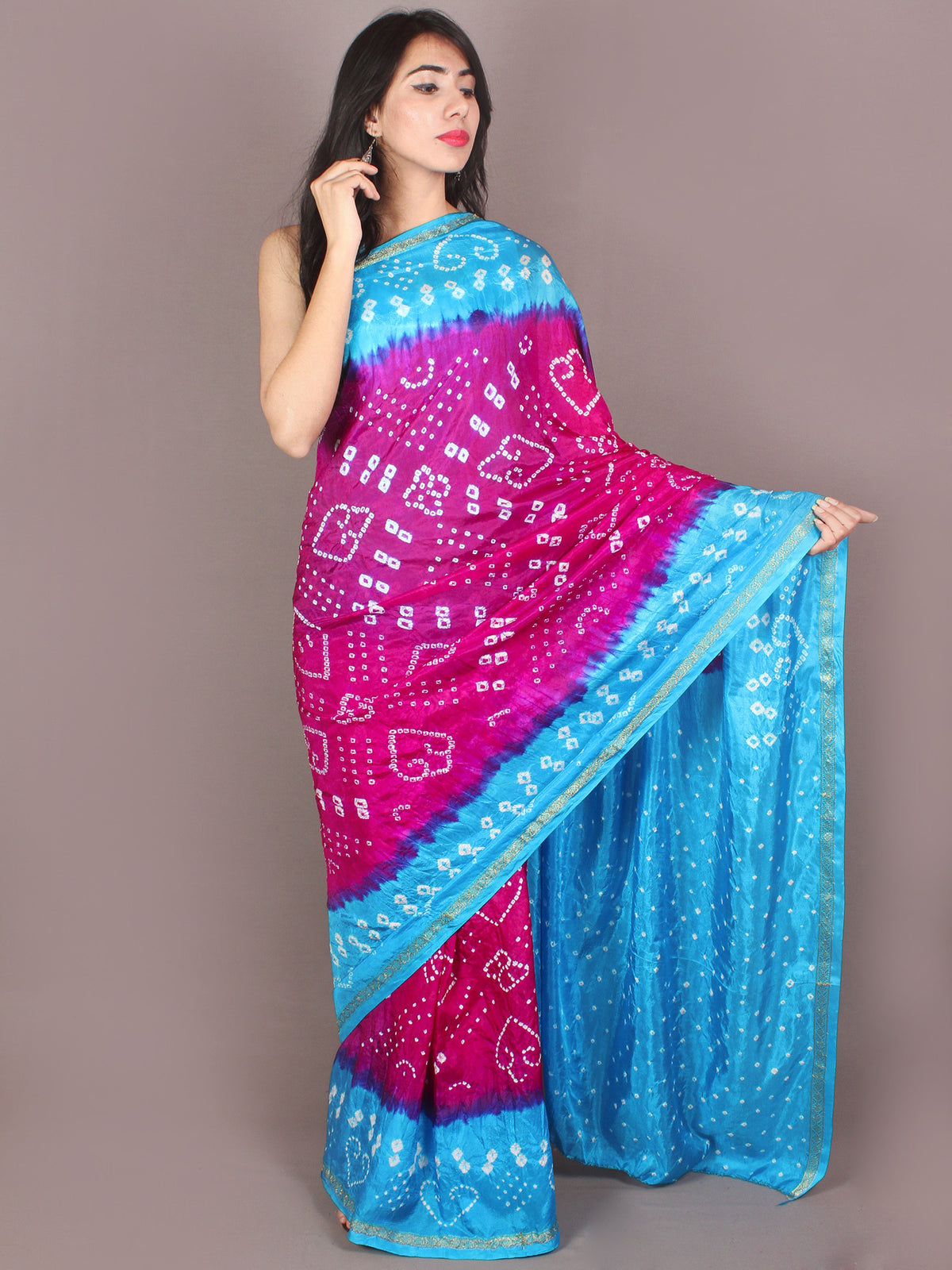 Purple Sky Blue Ivory Hand Tie & Dye Bandhej Art Silk Saree - S031701108