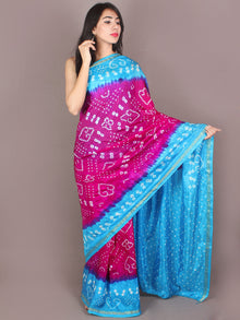 Purple Sky Blue Ivory Hand Tie & Dye Bandhej Art Silk Saree - S031701108