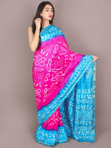 Pink Sky Blue Ivory Hand Tie & Dye Bandhej Art Silk Saree - S031701110