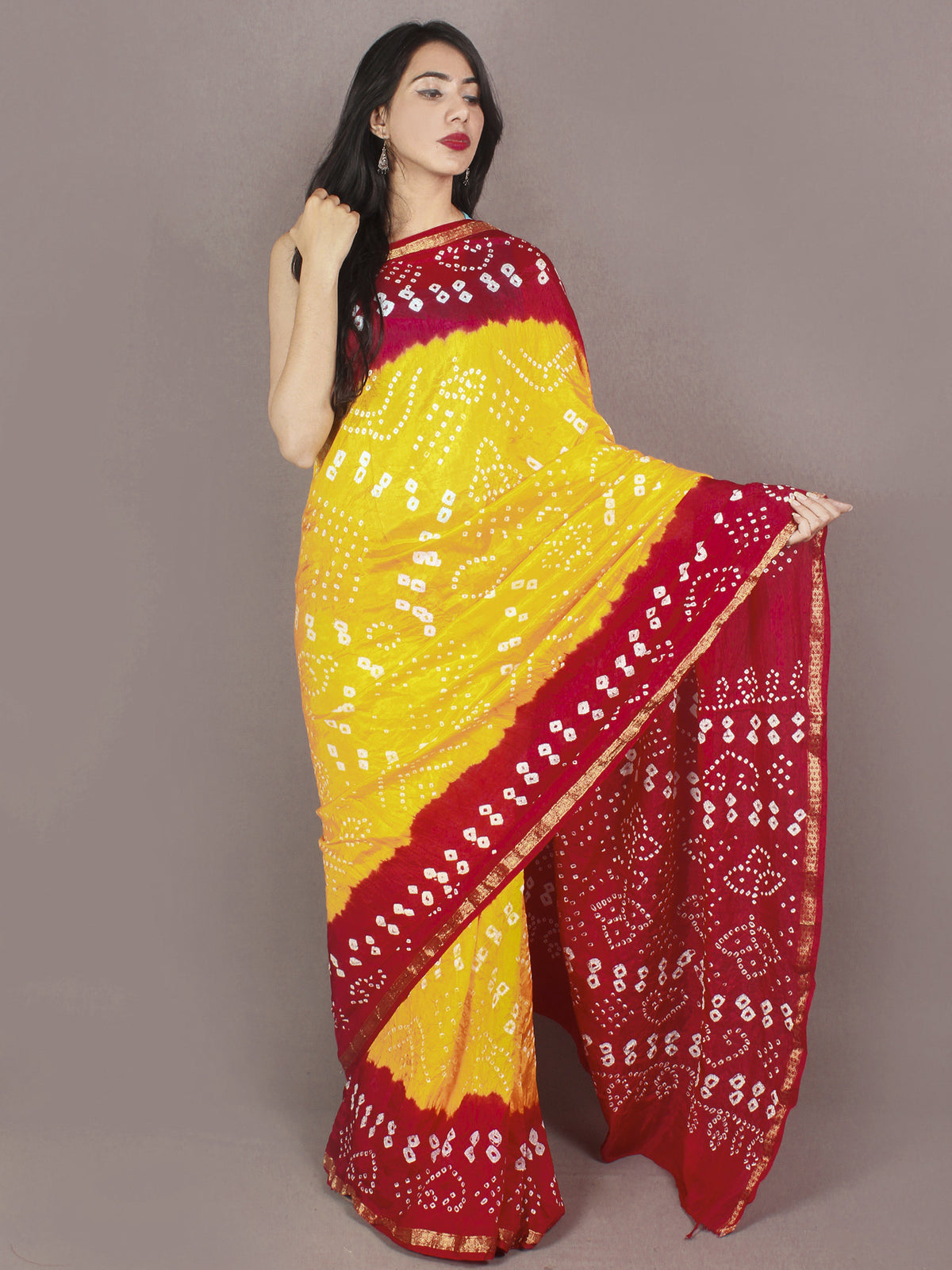 Red Yellow Ivory Hand Tie & Dye Bandhej Art Silk Saree - S031701111