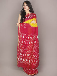 Red Yellow Ivory Hand Tie & Dye Bandhej Art Silk Saree - S031701111