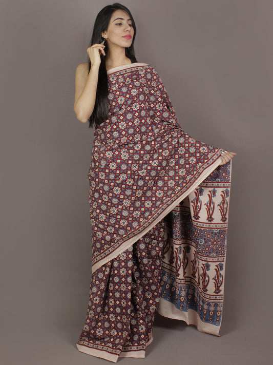 Ivory Indigo Maroon Mughal Nakashi Ajrakh Hand Block Printed in Natural Vegetable Colors Cotton Mul Saree - S031701114