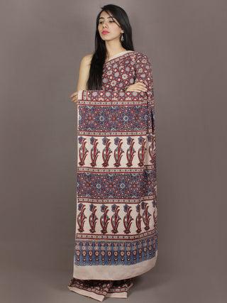 Ivory Indigo Maroon Mughal Nakashi Ajrakh Hand Block Printed in Natural Vegetable Colors Cotton Mul Saree - S031701114