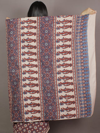 Ivory Indigo Maroon Mughal Nakashi Ajrakh Hand Block Printed in Natural Vegetable Colors Cotton Mul Saree - S031701114