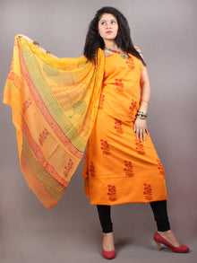 Yellow Red Hand Block Printed Cotton Suit-Salwar Fabric With Chiffon Dupatta - S1628112