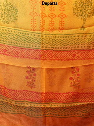 Yellow Red Hand Block Printed Cotton Suit-Salwar Fabric With Chiffon Dupatta - S1628112