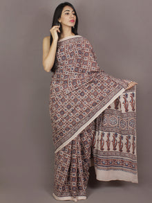 Ivory Indigo Maroon Mughal Nakashi Ajrakh Hand Block Printed in Natural Vegetable Colors Cotton Mul Saree - S031701120