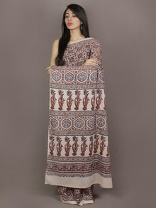 Ivory Indigo Maroon Mughal Nakashi Ajrakh Hand Block Printed in Natural Vegetable Colors Cotton Mul Saree - S031701120