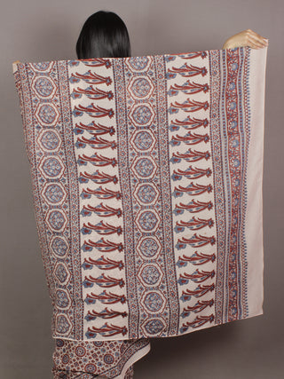 Ivory Indigo Maroon Mughal Nakashi Ajrakh Hand Block Printed in Natural Vegetable Colors Cotton Mul Saree - S031701120