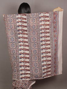 Ivory Indigo Maroon Mughal Nakashi Ajrakh Hand Block Printed in Natural Vegetable Colors Cotton Mul Saree - S031701120