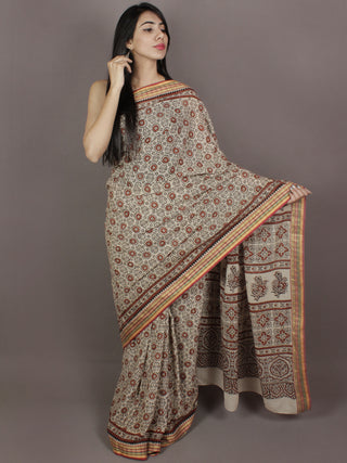 Ivory Maroon Brown Mughal Nakashi Ajrakh Hand Block Printed in Natural Vegetable Colors Cotton Mul Saree - S031701121