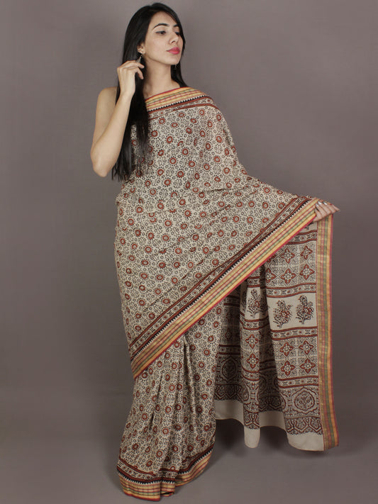 Ivory Maroon Brown Mughal Nakashi Ajrakh Hand Block Printed in Natural Vegetable Colors Cotton Mul Saree - S031701121
