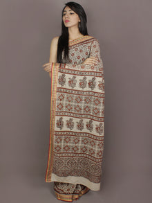 Ivory Maroon Brown Mughal Nakashi Ajrakh Hand Block Printed in Natural Vegetable Colors Cotton Mul Saree - S031701121