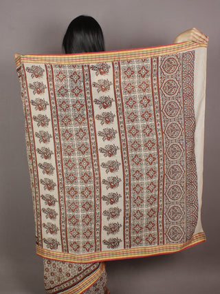 Ivory Maroon Brown Mughal Nakashi Ajrakh Hand Block Printed in Natural Vegetable Colors Cotton Mul Saree - S031701121