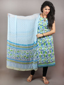 White Blue Green Hand Block Printed Cotton Suit-Salwar Fabric With Chiffon Dupatta - S1628113