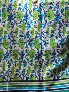 White Blue Green Hand Block Printed Cotton Suit-Salwar Fabric With Chiffon Dupatta - S1628113