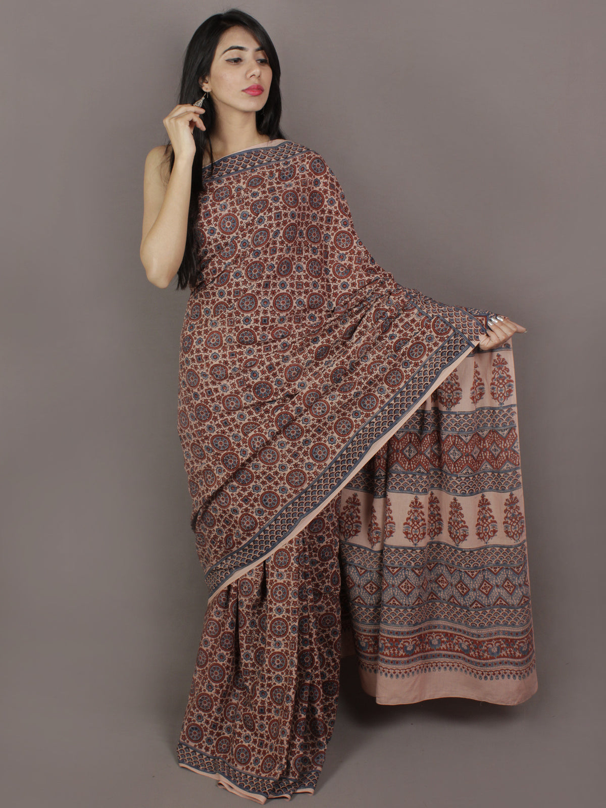 Ivory Maroon Steel Blue Mughal Nakashi Ajrakh Hand Block Printed in Natural Vegetable Colors Cotton Mul Saree - S031701139