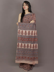 Ivory Maroon Steel Blue Mughal Nakashi Ajrakh Hand Block Printed in Natural Vegetable Colors Cotton Mul Saree - S031701139