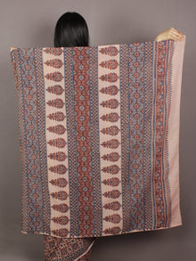Ivory Maroon Steel Blue Mughal Nakashi Ajrakh Hand Block Printed in Natural Vegetable Colors Cotton Mul Saree - S031701139