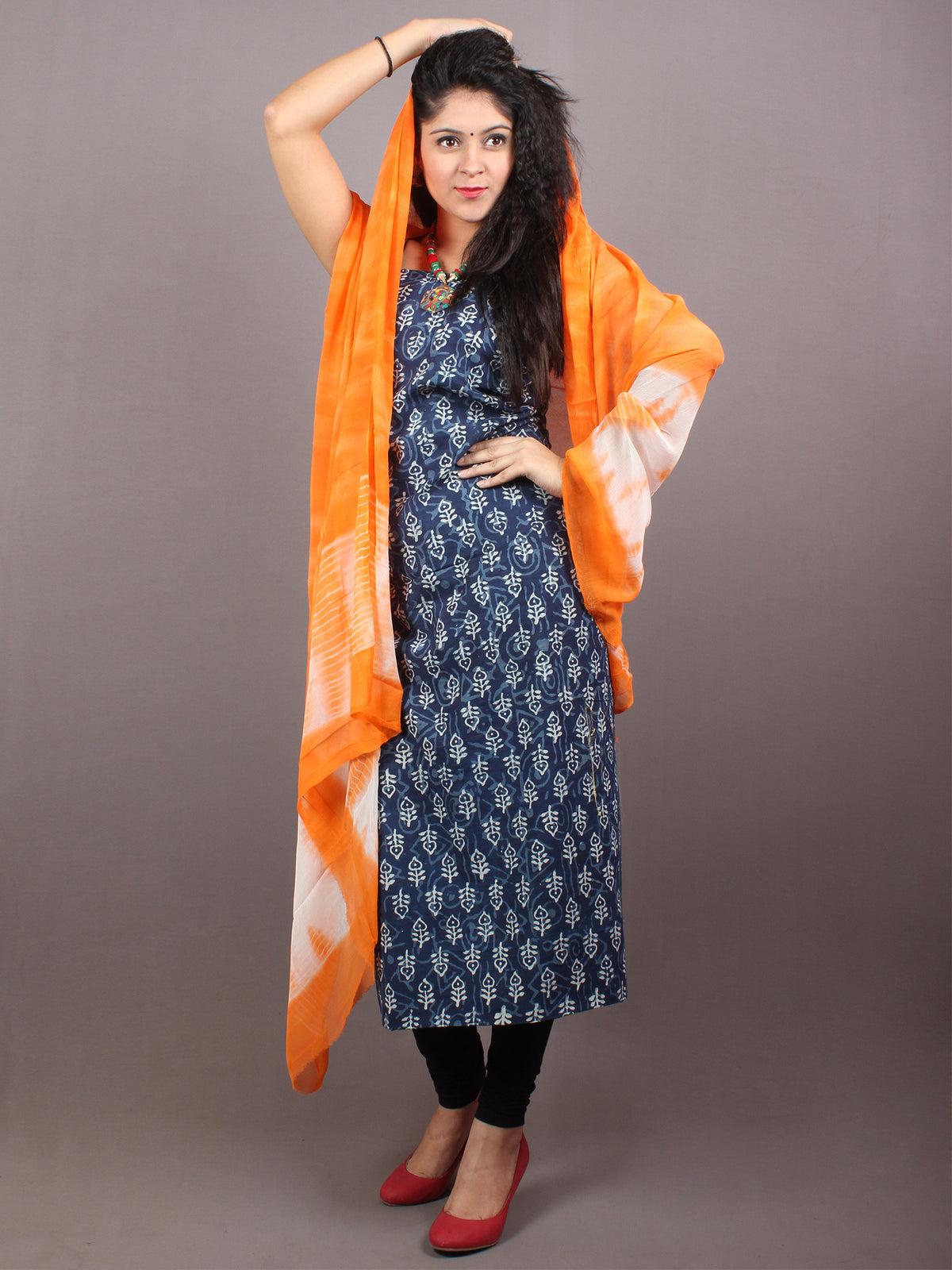 Indigo Beige Hand Block Printed Cotton Suit-Salwar Fabric With Chiffon Dupatta - S1628114