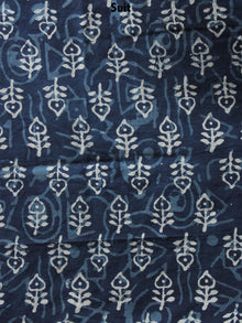 Indigo Beige Hand Block Printed Cotton Suit-Salwar Fabric With Chiffon Dupatta - S1628114