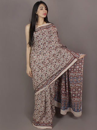 Ivory Maroon Steel Blue Mughal Nakashi Ajrakh Hand Block Printed in Natural Vegetable Colors Cotton Mul Saree - S031701140