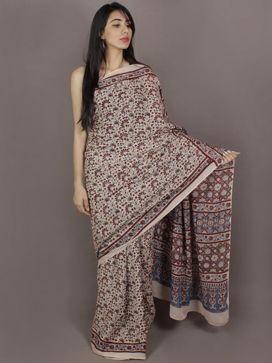 Ivory Maroon Steel Blue Mughal Nakashi Ajrakh Hand Block Printed in Natural Vegetable Colors Cotton Mul Saree - S031701140