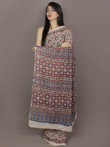 Ivory Maroon Steel Blue Mughal Nakashi Ajrakh Hand Block Printed in Natural Vegetable Colors Cotton Mul Saree - S031701140