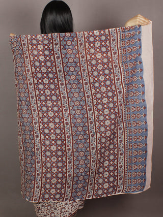 Ivory Maroon Steel Blue Mughal Nakashi Ajrakh Hand Block Printed in Natural Vegetable Colors Cotton Mul Saree - S031701140