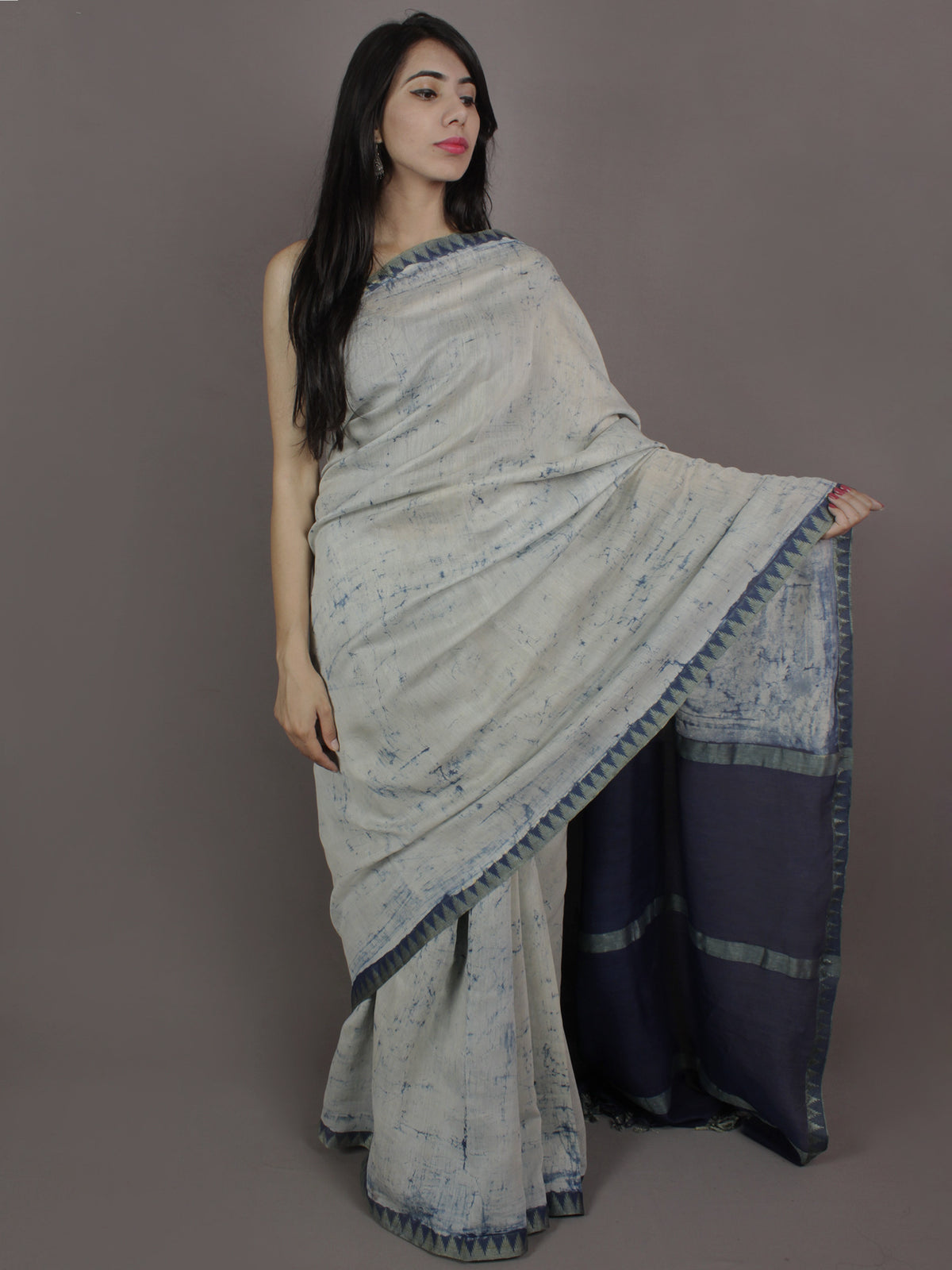 Indigo Ivory Hand Painted in Natural Colors Chanderi Saree With Ghicha Border - S031701147