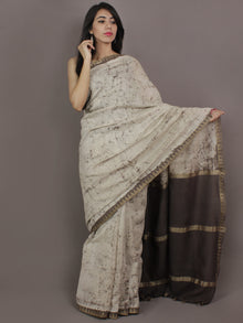 Brown Ivory Hand Painted in Natural Colors Chanderi Saree With Ghicha Border - S031701149