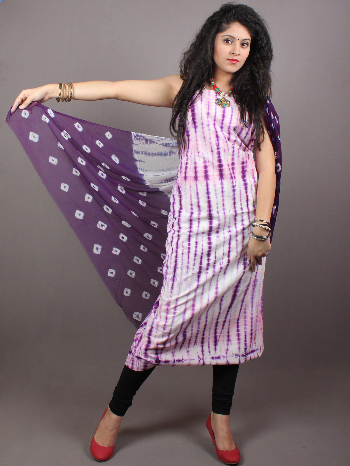 Indigo White Hand Shibori Dyed Cotton Suit-Salwar Fabric With Chiffon Dupatta - S1628115