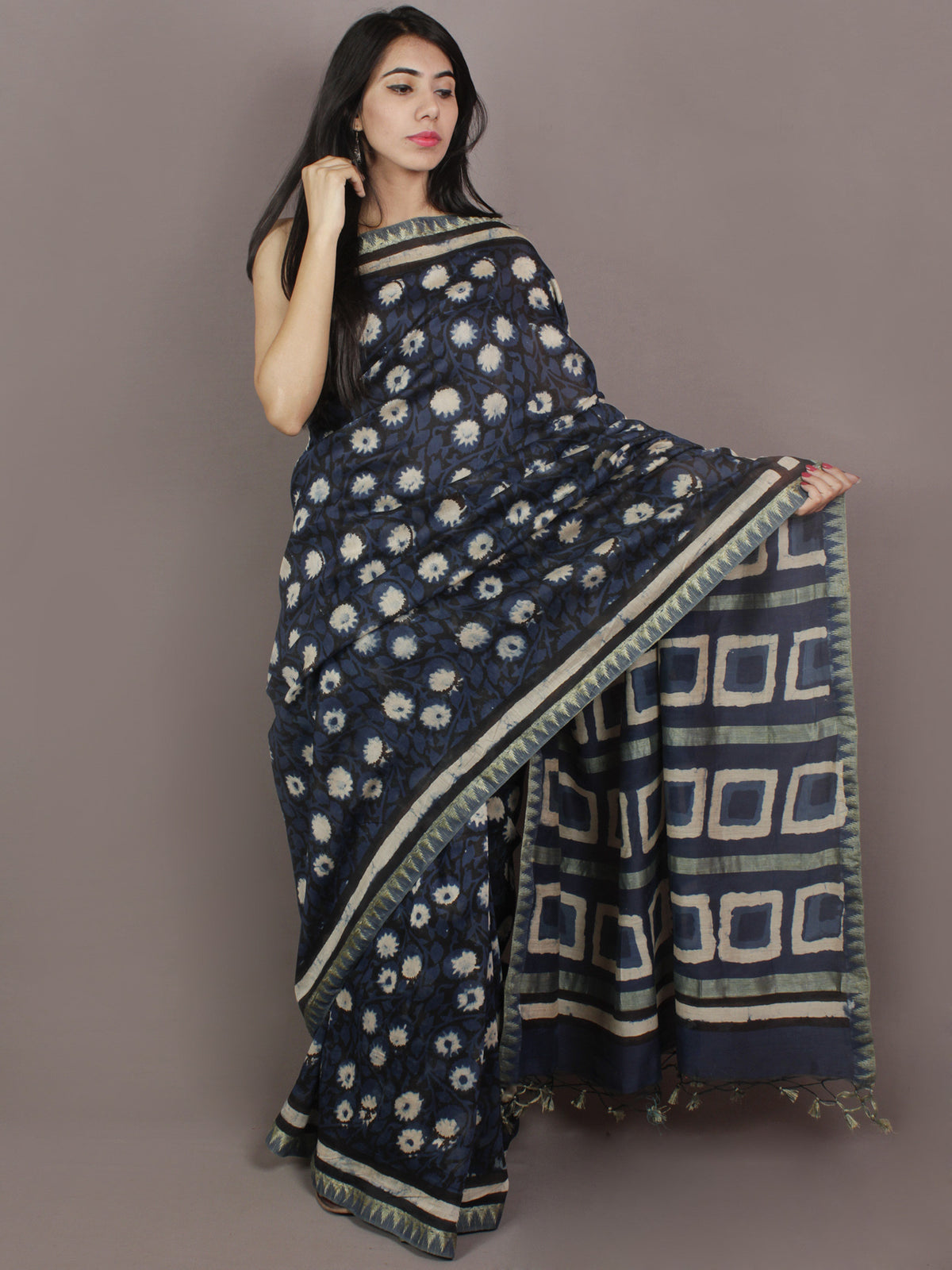 Indigo Black Ivory Hand Block Printed Kalamkari Chanderi Silk Saree With Ghicha Border - S031701151