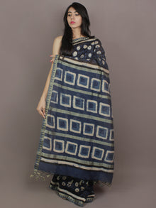 Indigo Black Ivory Hand Block Printed Kalamkari Chanderi Silk Saree With Ghicha Border - S031701151