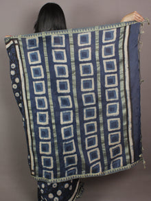 Indigo Black Ivory Hand Block Printed Kalamkari Chanderi Silk Saree With Ghicha Border - S031701151