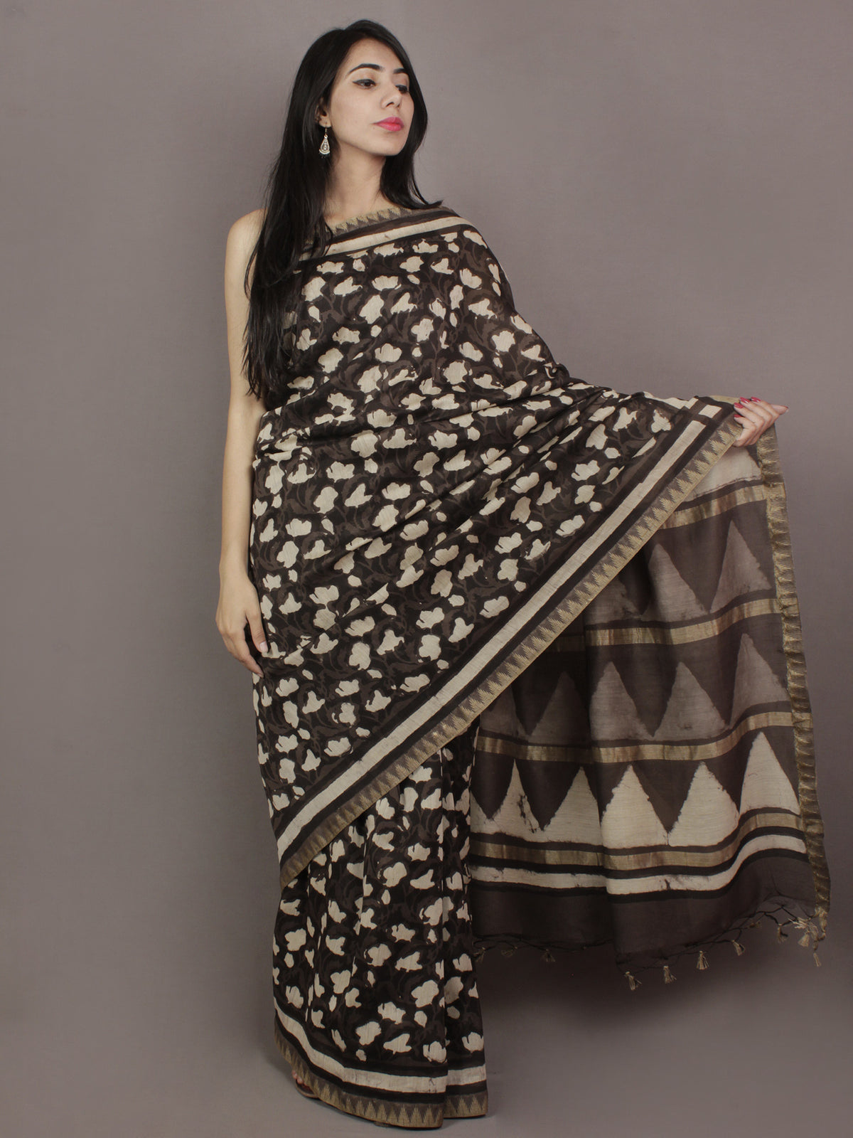 Brown Black Ivory Hand Block Printed Kalamkari Chanderi Silk Saree With Ghicha Border - S031701152