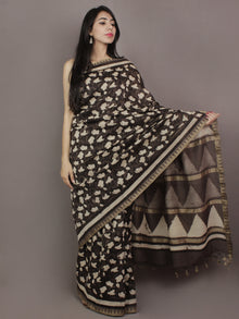 Brown Black Ivory Hand Block Printed Kalamkari Chanderi Silk Saree With Ghicha Border - S031701152
