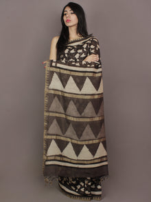 Brown Black Ivory Hand Block Printed Kalamkari Chanderi Silk Saree With Ghicha Border - S031701152