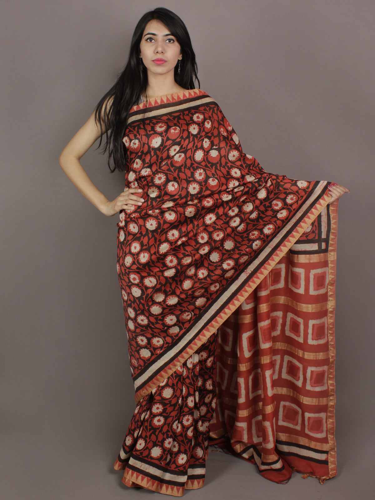 Red Black Ivory Hand Block Printed Kalamkari Chanderi Silk Saree With Ghicha Border - S031701153