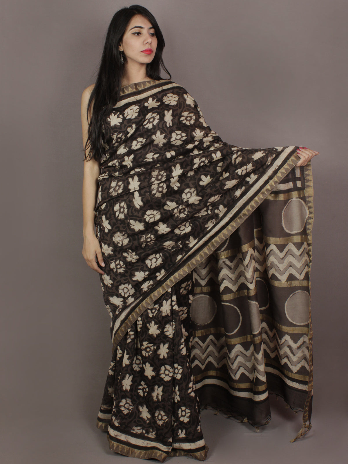 Brown Black Ivory Hand Block Printed Kalamkari Chanderi Silk Saree With Ghicha Border - S031701155