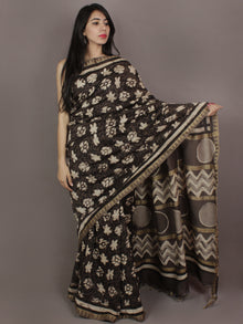 Brown Black Ivory Hand Block Printed Kalamkari Chanderi Silk Saree With Ghicha Border - S031701155