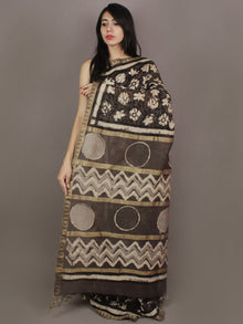 Brown Black Ivory Hand Block Printed Kalamkari Chanderi Silk Saree With Ghicha Border - S031701155