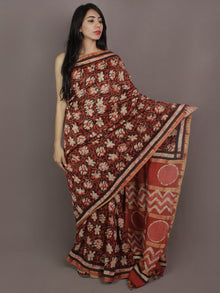 Red Black Ivory Hand Block Printed Kalamkari Chanderi Silk Saree With Ghicha Border - S031701156