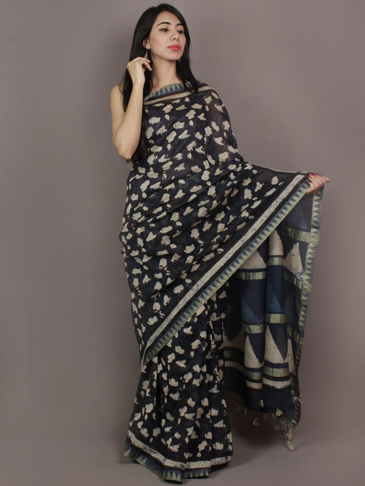 Indigo Black Ivory Hand Block Printed Kalamkari Chanderi Silk Saree With Ghicha Border - S031701157