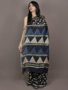 Indigo Black Ivory Hand Block Printed Kalamkari Chanderi Silk Saree With Ghicha Border - S031701157