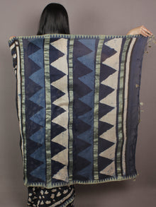 Indigo Black Ivory Hand Block Printed Kalamkari Chanderi Silk Saree With Ghicha Border - S031701157