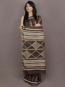 Brown Maroon Ivory Hand Block Printed Chanderi Silk Saree With Ghicha Border - S031701158