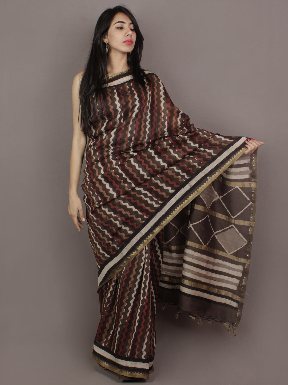Brown Maroon Ivory Hand Block Printed Chanderi Silk Saree With Ghicha Border - S031701158