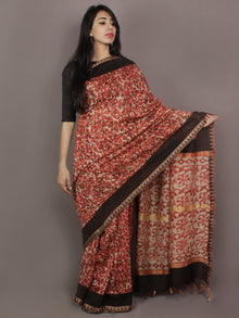 Brick Red Black Ivory Hand Block Printed Kalamkari Chanderi Silk Saree With Ghicha Border - S031701159