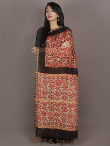 Brick Red Black Ivory Hand Block Printed Kalamkari Chanderi Silk Saree With Ghicha Border - S031701159